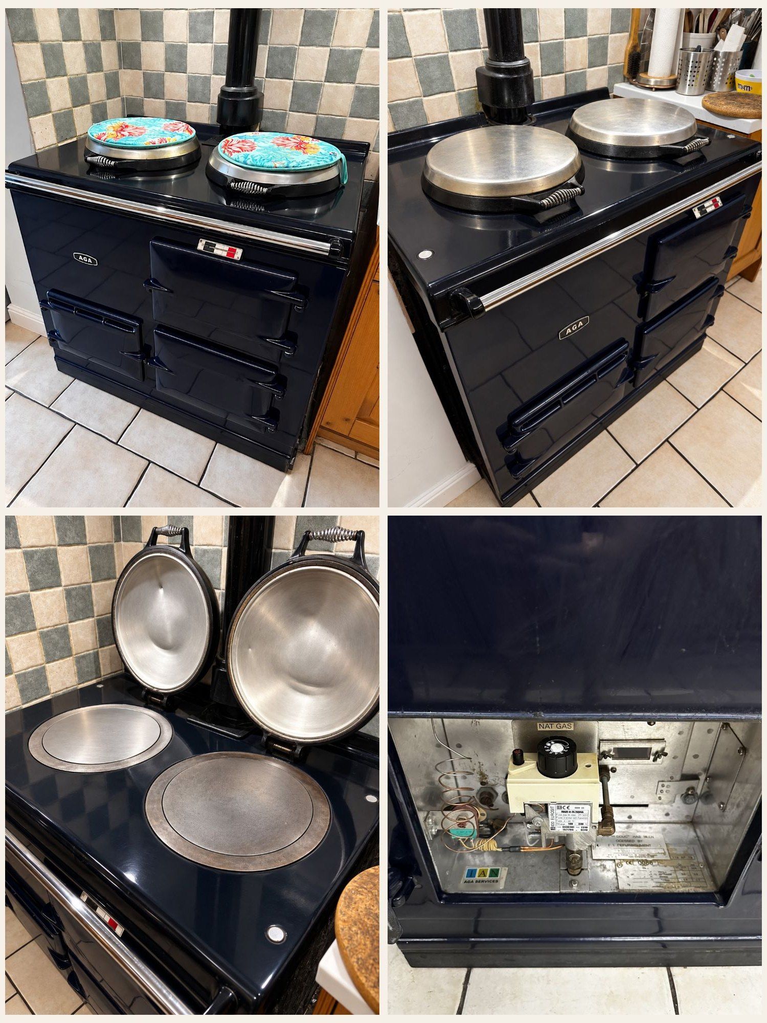 Four photos of a dark blue gas AGA, showing the front of the cooker, the hotplate lids closed and open, and the burner compartment with its gas valve