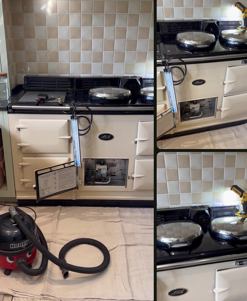 Three photos of a cream four-oven gas AGA during a service, with the burner door open, a work light hanging from the rail and a vacuum on a dust sheet in front