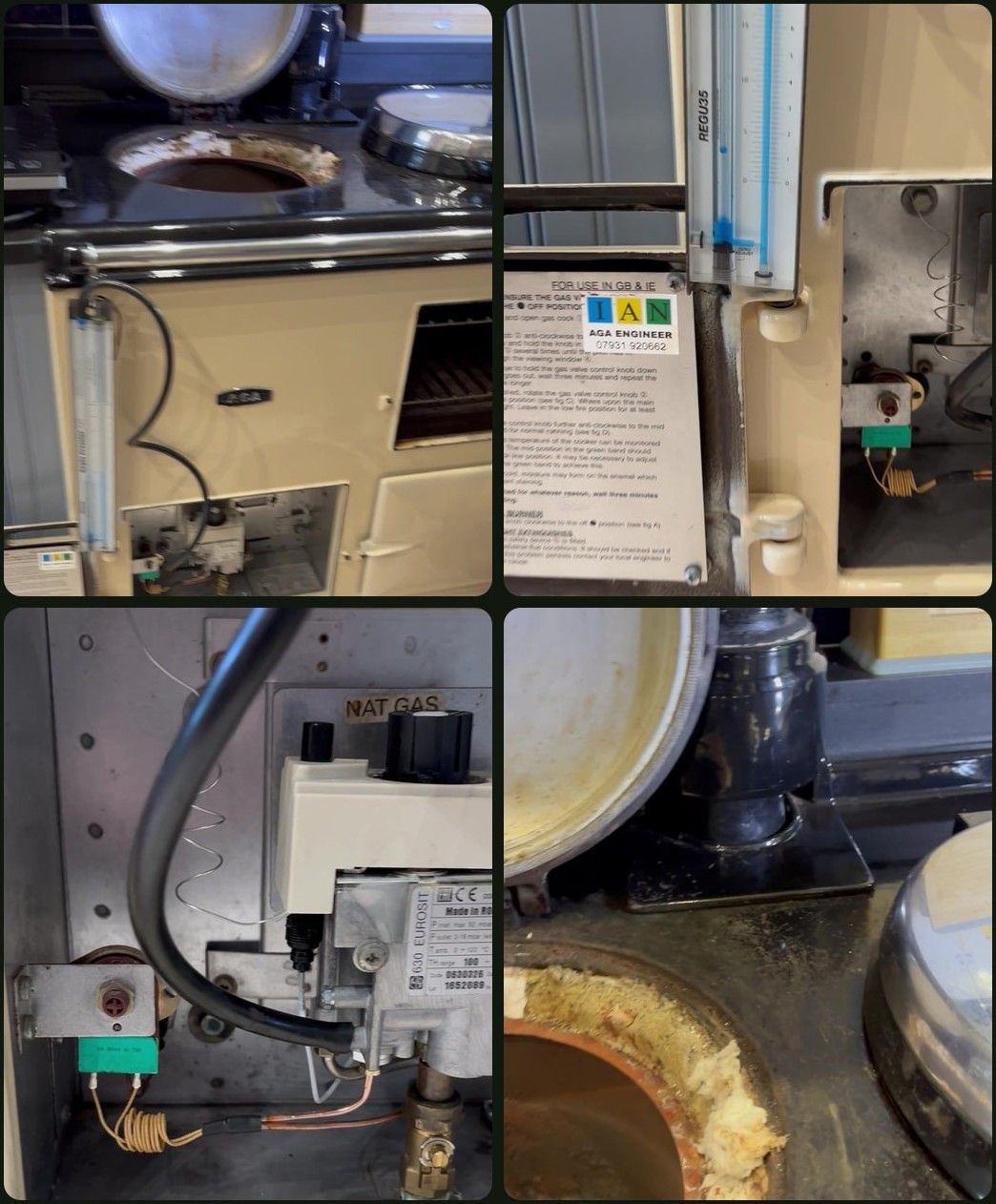 Four photos of a cream gas AGA during a service, showing a manometer tube hooked on the front, the pressure reading by the burner door, the new gas valve labelled NAT GAS, and the flue pipe behind the hotplate