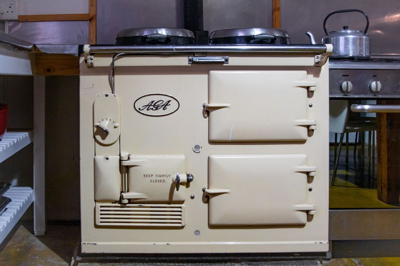 A cream two-oven AGA with its lids down